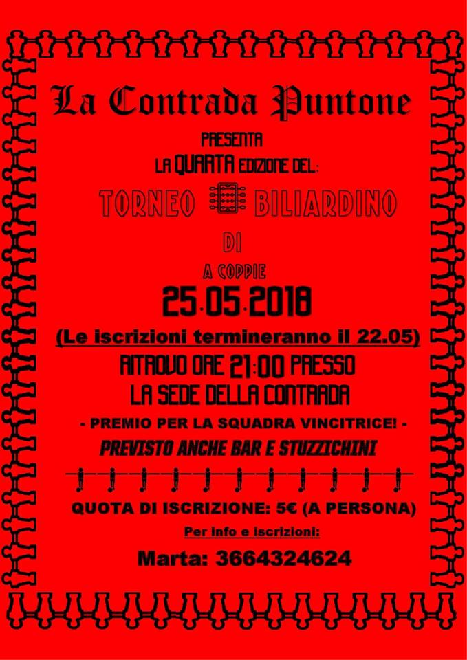 Bientina, Contrada Puntone: 25/05 “Torneo di Biliardino a&nbsp;Coppie”