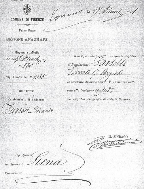 palio di Siena, i Fantini, 19 dicembre 1891: Edoardo Farsetti, detto “Mugnaino”, si trasferisce a&nbsp;Siena