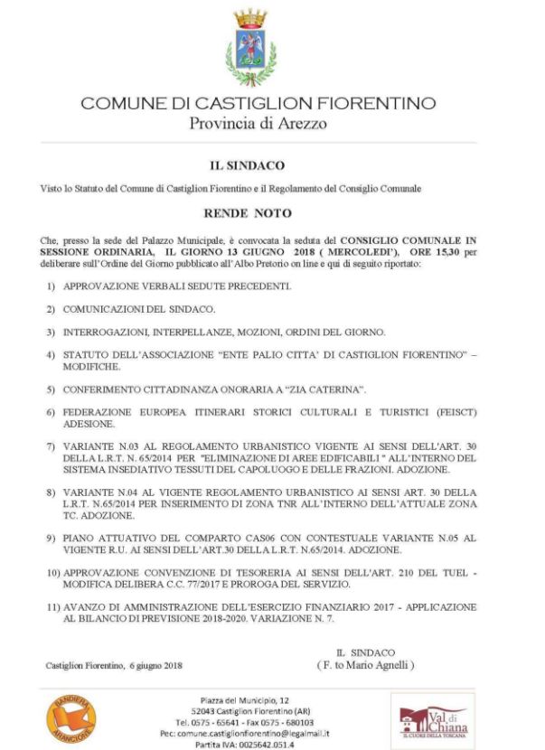 Castiglion Fiorentino: Domani 13/06 “Consiglio Comunale”