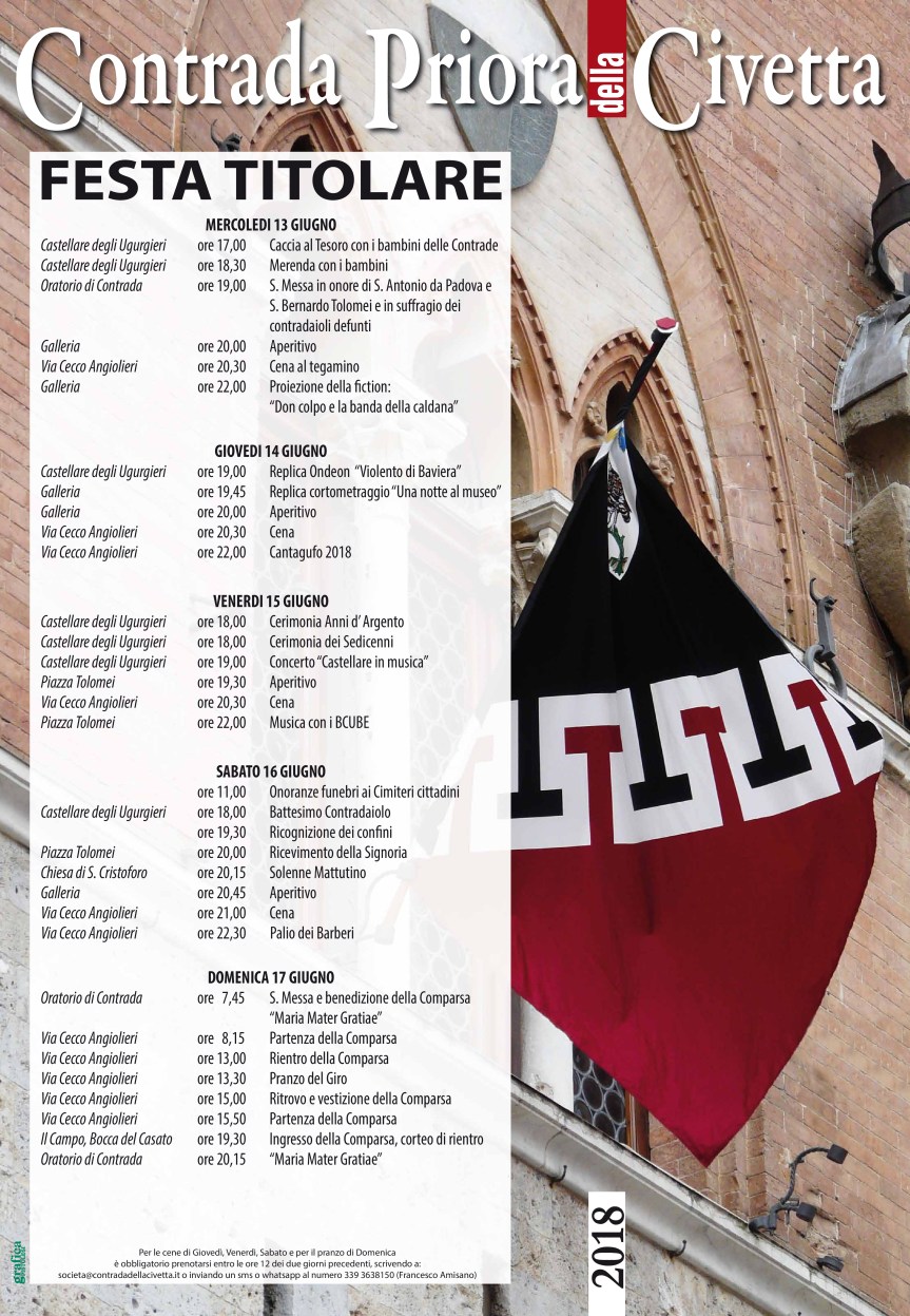 Siena, Contrada della Civetta: 13-17/06 “Festa Titolare 2018”, Il&nbsp;Programma