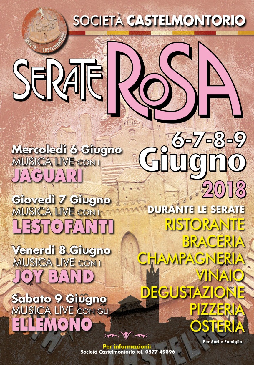 Contrada di Valdimontone: Da oggi 06/06 a Sabato 09/09 ” Serate Rosa&nbsp;2018″