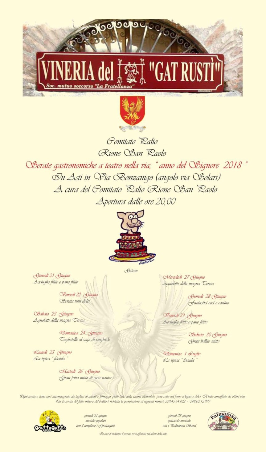 Asti: San Paolo – Giovedì 21 giugno riapre il Gat&nbsp;Rustì