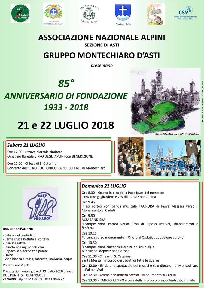 Asti:21-22/07 Montechiaro presente  per l’85° anniversario della fondazione del gruppo alpini del&nbsp;paese