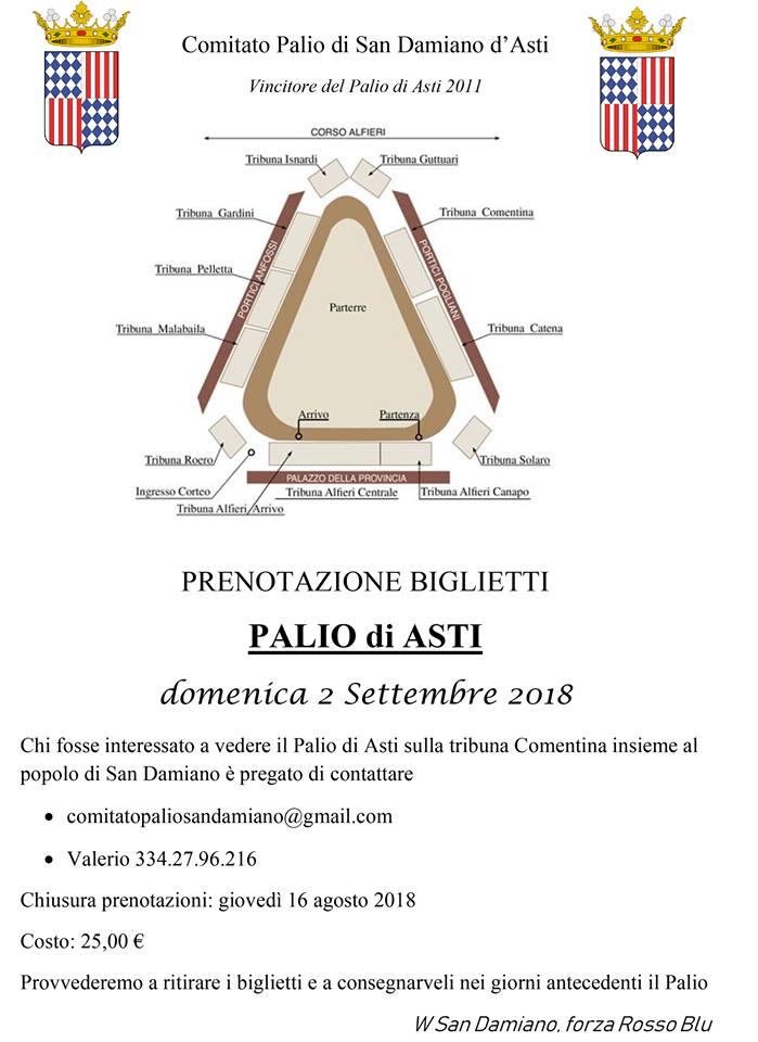 Palio di Asti, San Damiano d’Asti: Comunicazione Biglietti Tribuna&nbsp;Palio
