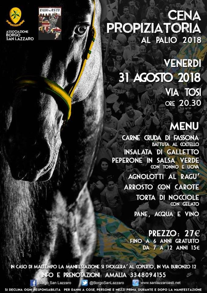 Palio di Asti, Borgo San Lazzaro: 01/09 Cena Propiziatoria al Palio&nbsp;2018