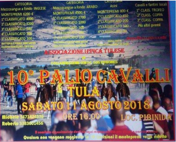 Sardegna, Tula ( SS ): Il Palio di Tula per mezzosangue posticipato all’11/08