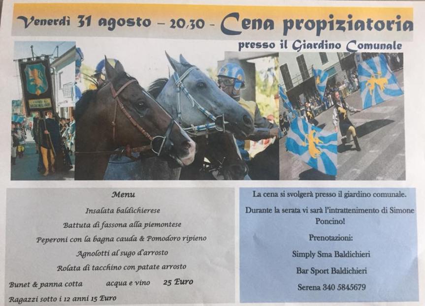 Palio di Asti, Baldichieri: 31/08 Cena Propiziatoria&nbsp;2018