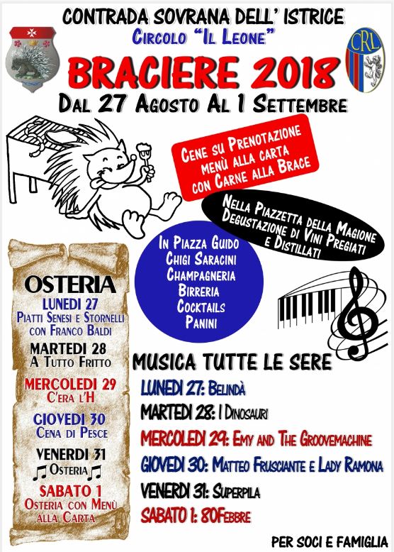 Siena, Contrada dell’Istrice: 27/08-01/09 Braciere&nbsp;2018