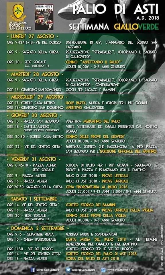 Palio di Asti Borgo,San Lazzaro: Info Settimana Palio&nbsp;2018