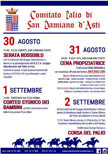 Palio di Asti, Comitato Palio San Damiano d’Asti: 30-31/08 e 01-02/09  Programma Settimana palio&nbsp;2018