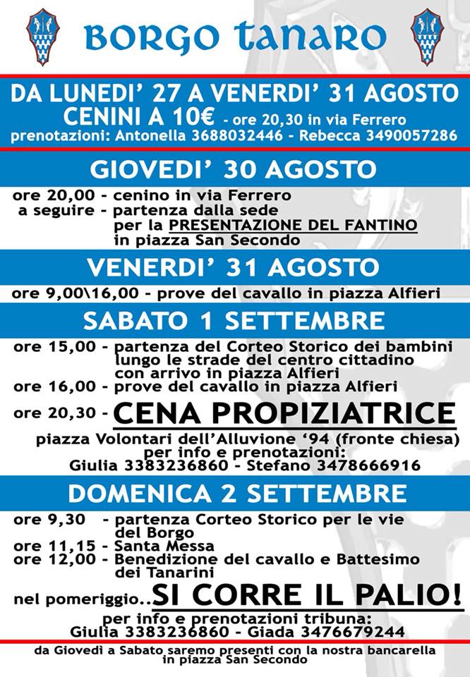 Palio di Asti, Borgo Tanaro-Trincere-Torrazzo: 27/08-02/09 Programma Settimana Palio&nbsp;2018