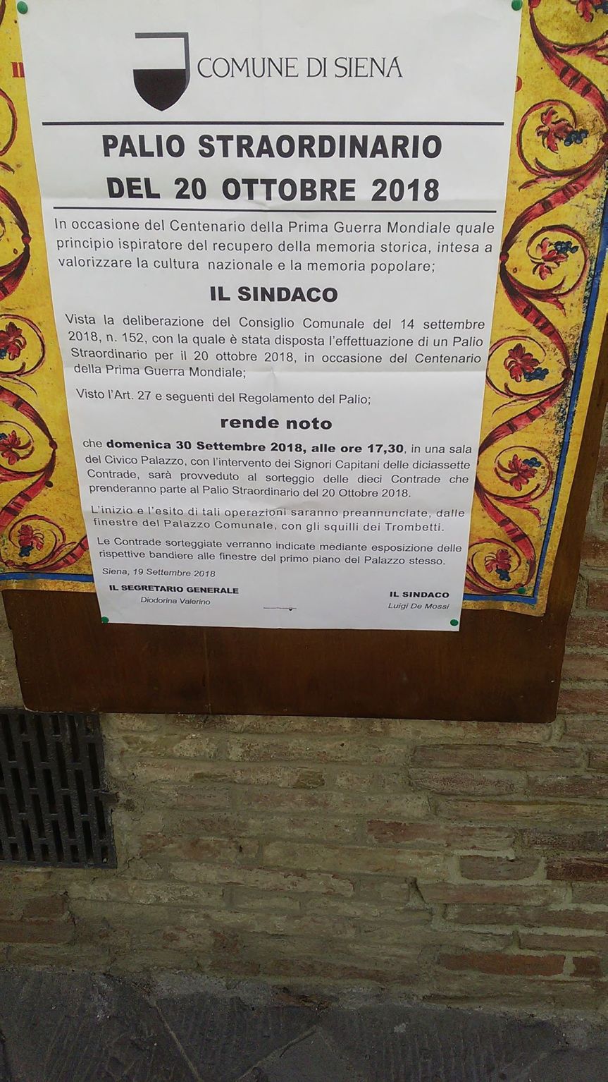 Palio di Siena, Palio Straordinario: 30/09 Manifesto annuncio Estrazione a Sorte delle&nbsp;Contrade