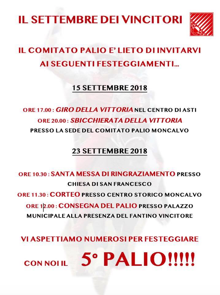 Palio di Asti, Moncalvo: Lista Festeggiamenti Settembre&nbsp;2018