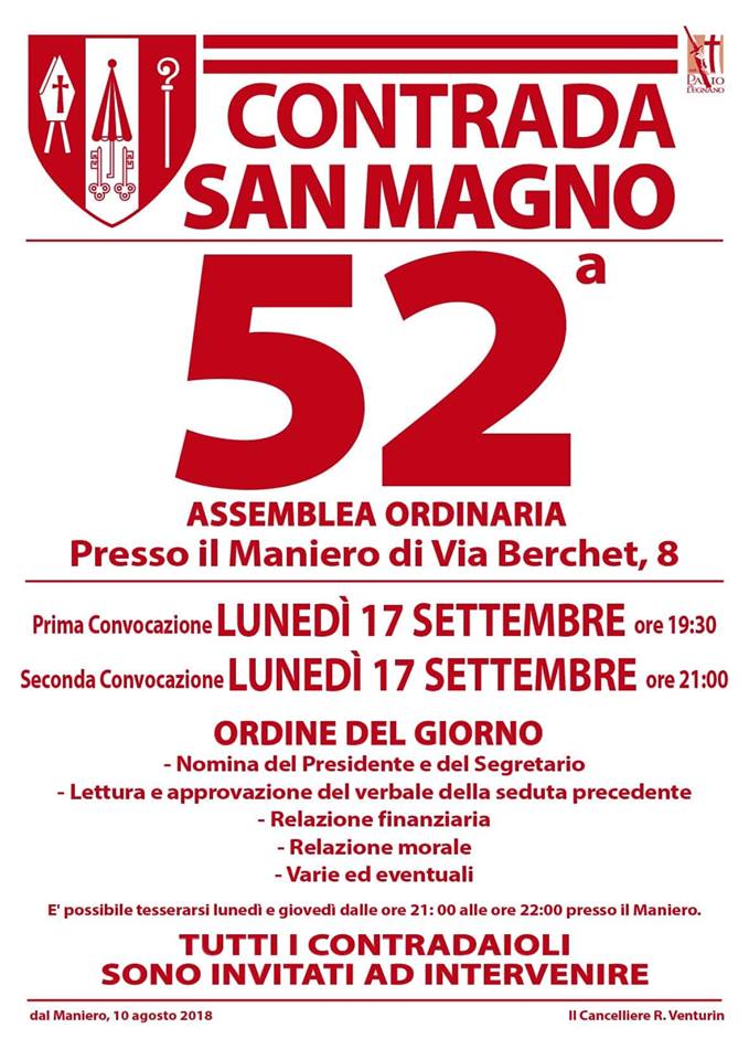 Palio di Legnano, Contrada San Magno: 17/09 Assemblea&nbsp;Ordinaria
