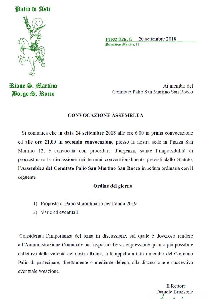 Palio di Asti, Rione San Martino-San Rocco: 24/09 Assemblea dei&nbsp;Soci
