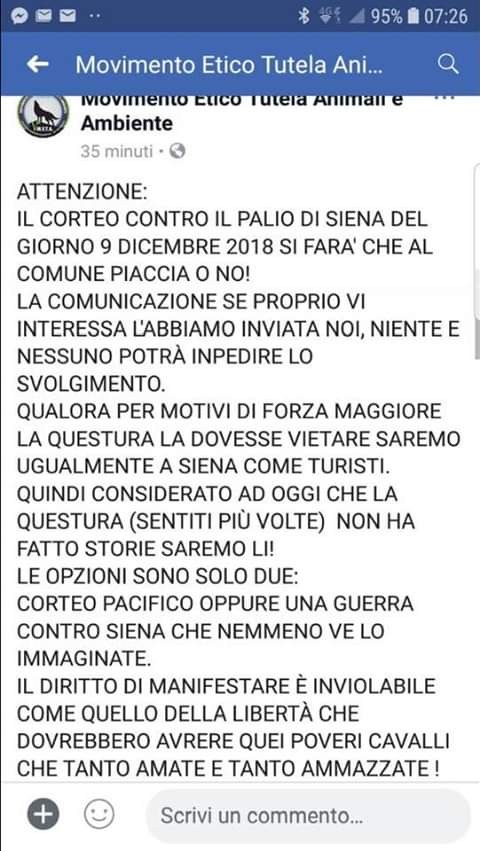 Palio di Siena: Gli animalisti annunciano di manifestazione nel centro storico di Siena anche senza autorizzazione del&nbsp;Questore