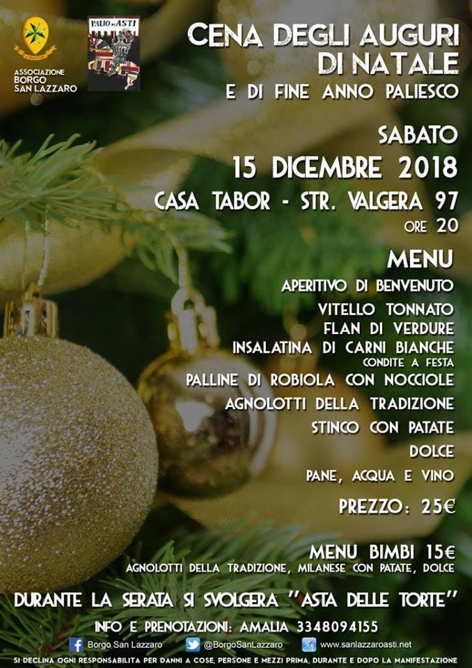 Palio di Asti, Borgo San Lazzaro: 15/12 Cena degli Auguri di natale e di Fine Anno&nbsp;Paliesco