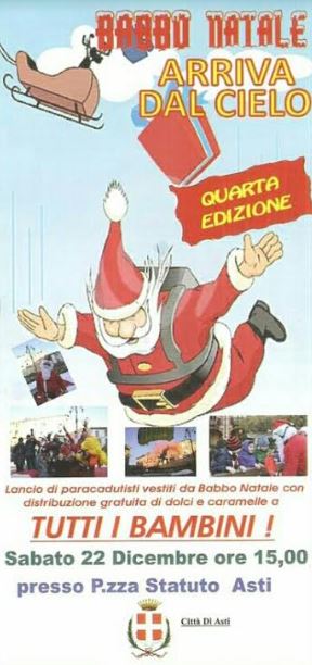 Asti: Sabato 22  ore 15.00 alla pista di pattinaggio “Babbo Natale arriva dal cielo”