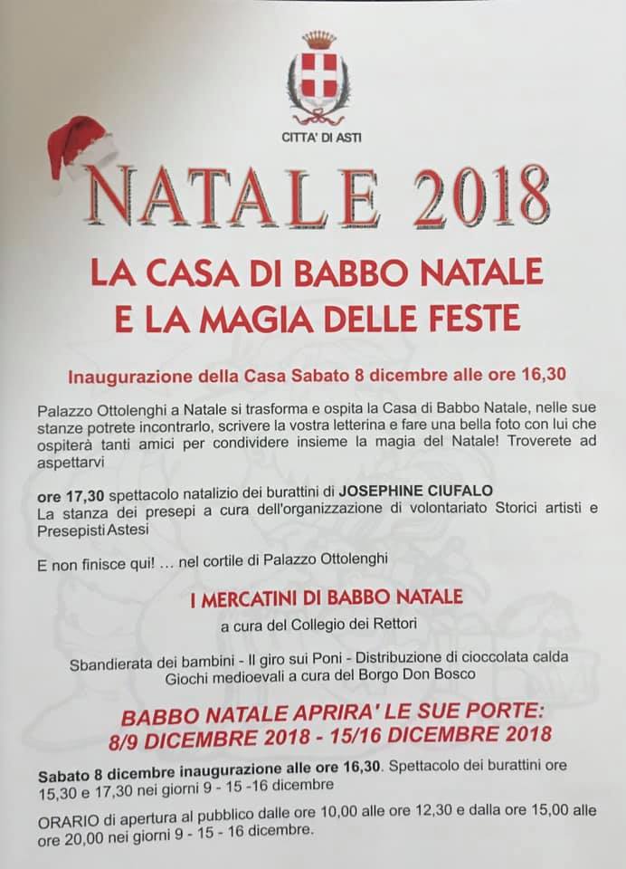 Palio di Asti: 08/12 ore 16.30 Inaugurazione “LA CASA DI BABBO NATALE e la magia delle feste!!!!”