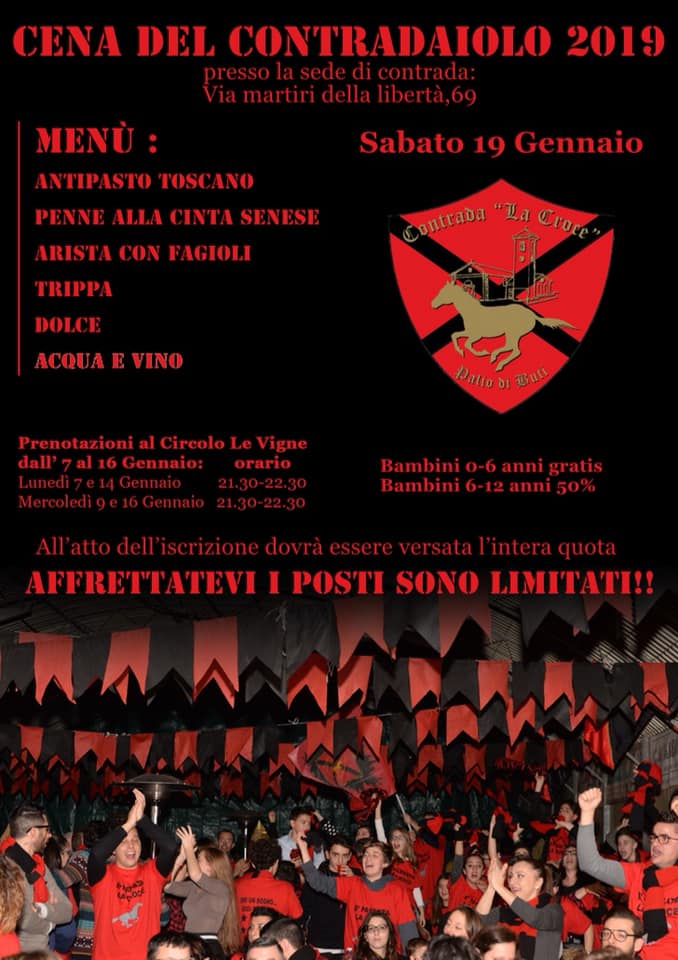 Palio di Buti, Contrada la Croce: 19/01 Cena della Vigilia 2019, ovvero la “Cena del Contradaiolo&nbsp;2019”