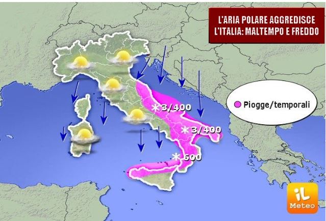 Italia, Meteo:  l’aria POLARE AGGREDISCE l’Italia. MALTEMPO FREDDO con pioggia e NEVE. Ecco DOVE e fino a&nbsp;QUANDO