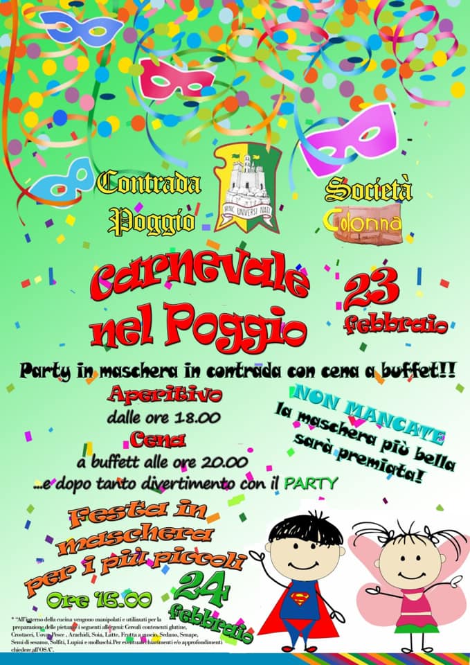Palio di Castel del Piano, Contrada Poggio: 23/02 ore 17.00 Party e Buffet di&nbsp;Carnevale