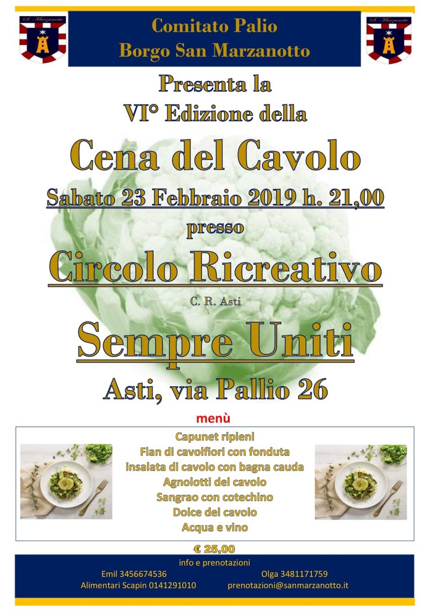 Palio di Asti, Comitato Palio Borgo San Marzanotto: 23/02 VI^ Edizione della “Cena del&nbsp;Cavolo”