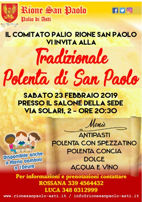 Palio di Asti, Comitato Palio Rione San Paolo: 23/02 “Tradizionale Polenta di San&nbsp;Paolo”