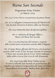 Palio di Asti, Rione San Secondo: Domani 30/03 Festa Titolare e Cena di Presentazione del&nbsp;Fantino