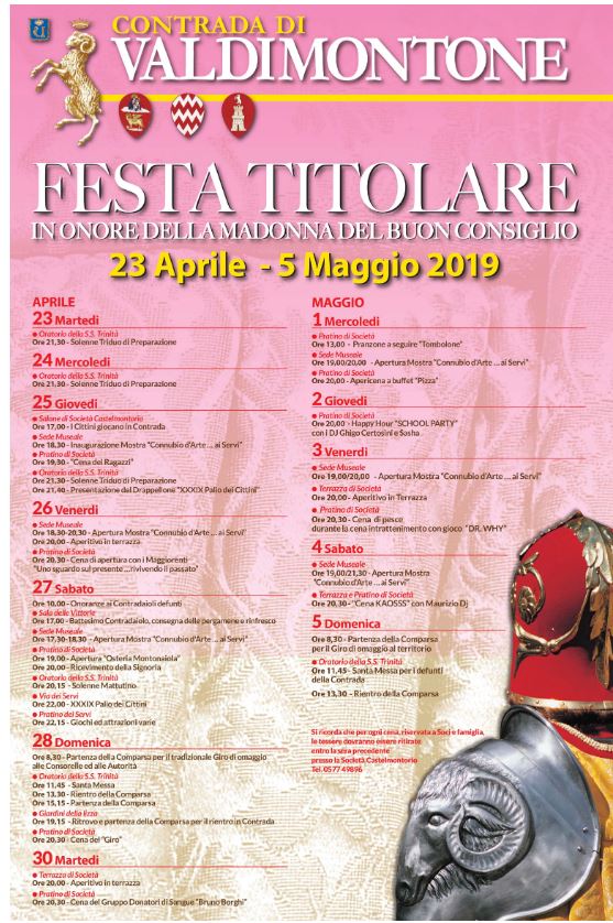 Siena, Contrada del  Valdimontone:  Il programma della Festa Titolare&nbsp;2019