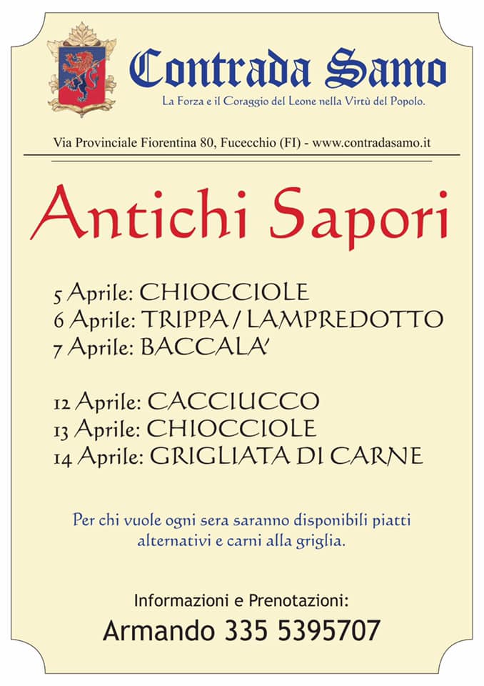 Palio di Fucecchio, Contrada Samo: Aprile 2019 Cene “Antichi&nbsp;Sapori”