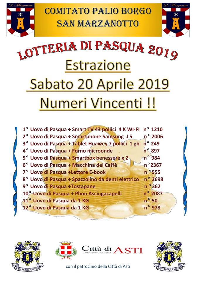 Palio di Asti, Comitato Palio Borgo San Marzanotto: I numeri estratti della Lotteria di&nbsp;Pasqua