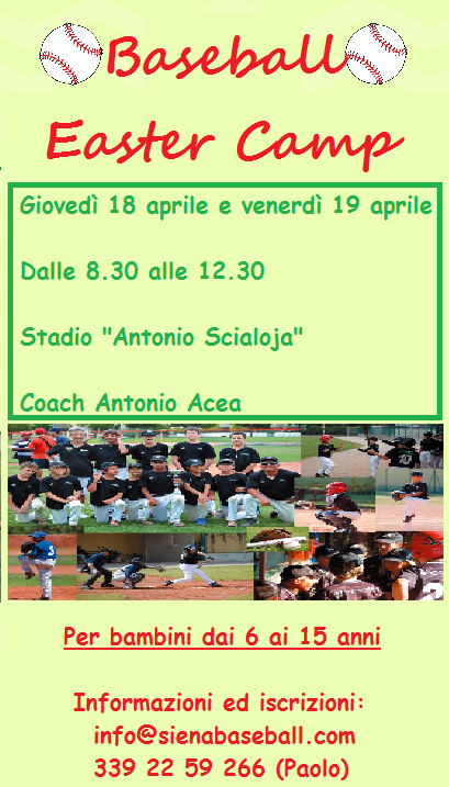 Siena: Domani 18/04 e Venerdì 19/04 “Siena Baseball Easter&nbsp;Camp”