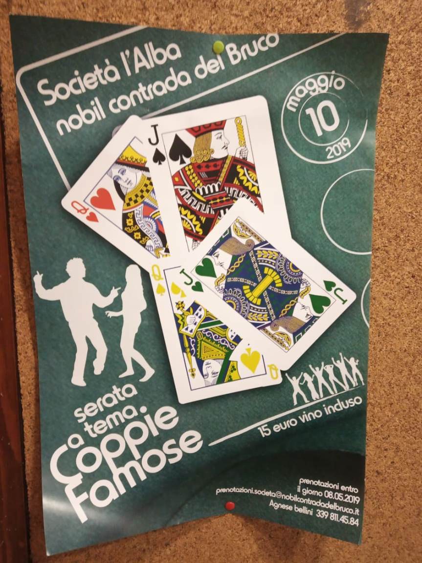 Siena, Contrada del Bruco: 10/05 Serata a Tema “Coppie&nbsp;Famose”