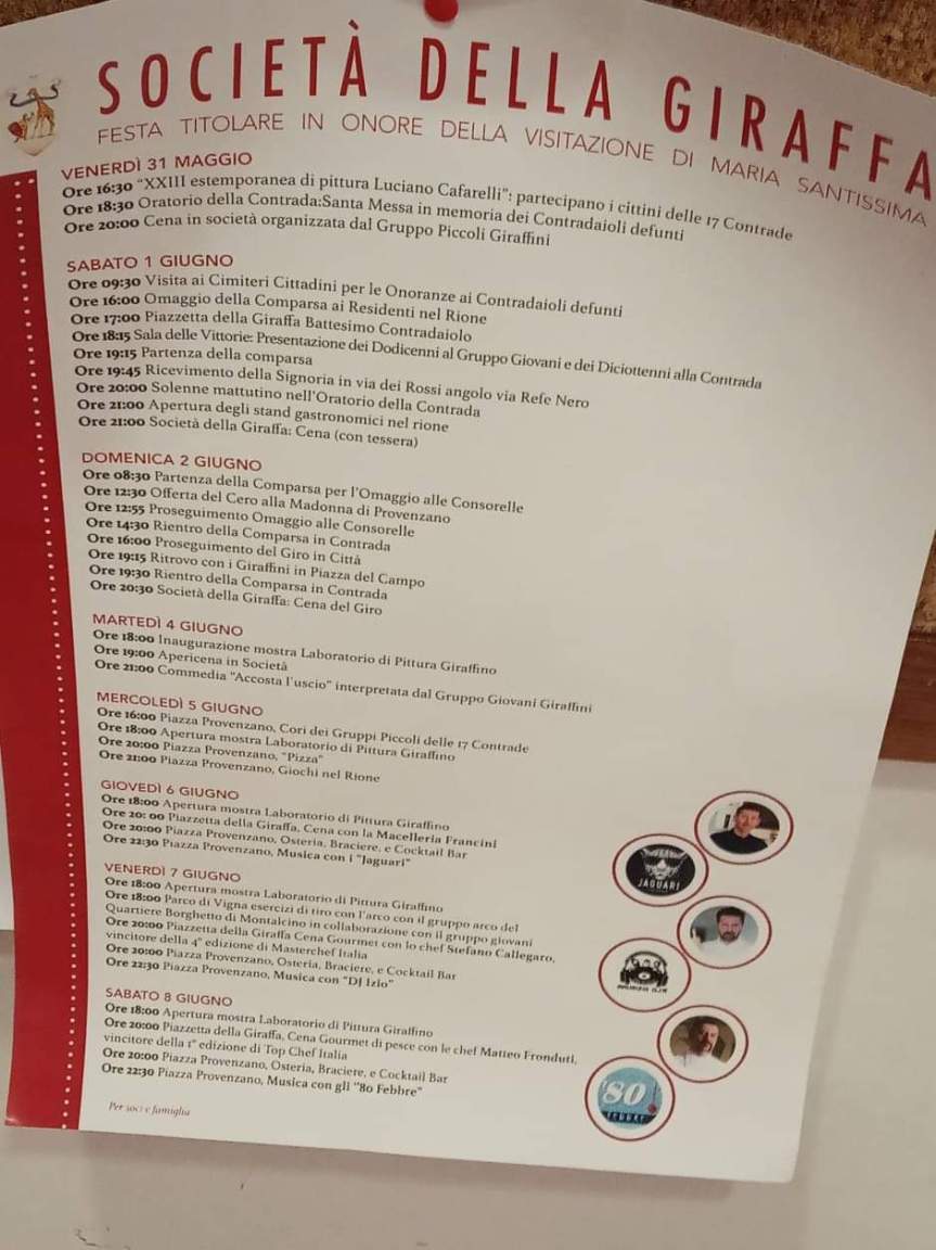 Siena, Contrada della Giraffa:31/05-08/06 Il programma della Festa Titolare&nbsp;2019