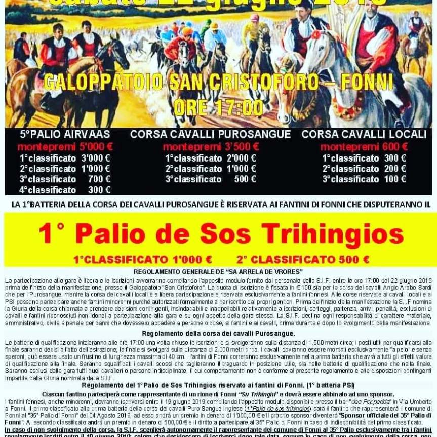 Palii, Fonni: 22/06 AIRVAAS Palio Anglo-Arabo Sardo e per Purosangue 1°Palio de Sos&nbsp;Trihingios