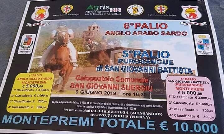 Sardegna, San Giovanni Suergiu: 09/06 6° Palio Anglo-Arabo, circuito Airvaas/ 5° Palio Purosangue San Giovanni&nbsp;Battista
