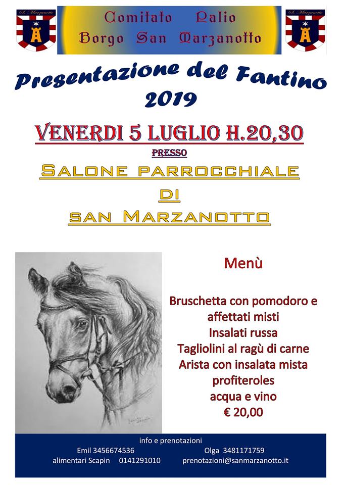 Palio di Asti, Comitato Palio Borgo San Marzanotto: 05/07 Cena di Presentazione Fantino Alessandro Chiti detto “Voragine”