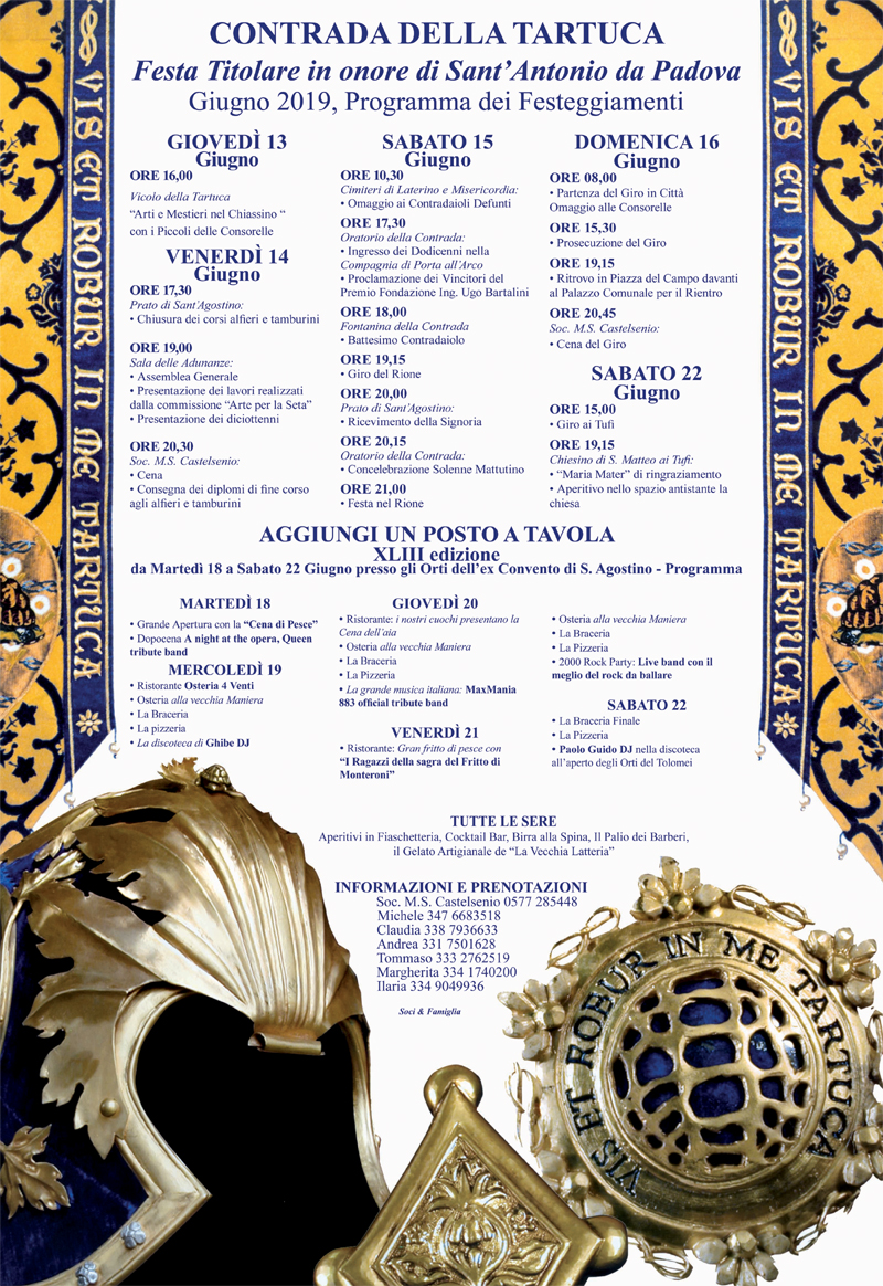 Siena, Contrada della Tartuca: Programma Festa Titolare&nbsp;2019