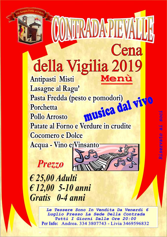 Palio di Casole d’Elsa, Contrada Pievalle: 13/07 Cena della Vigilia&nbsp;2019