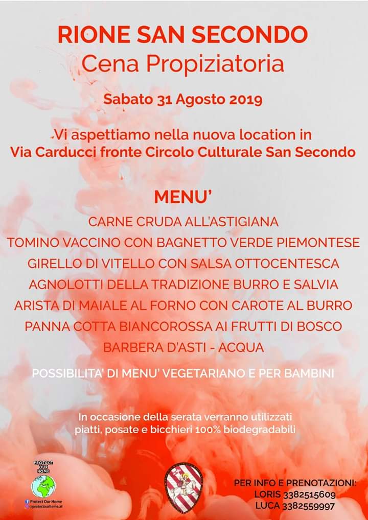 Palio di Asti, Comitato Palio San Secondo: 31/08 Cena Propiziatoria Palio&nbsp;2019
