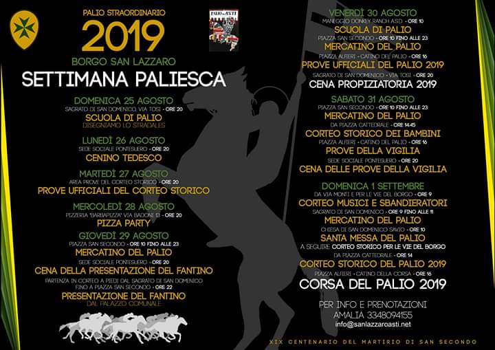 Palio di Asti, Comitato Palio Borgo San Lazzaro: Gli Eventi della Settimana Paliesca&nbsp;2019