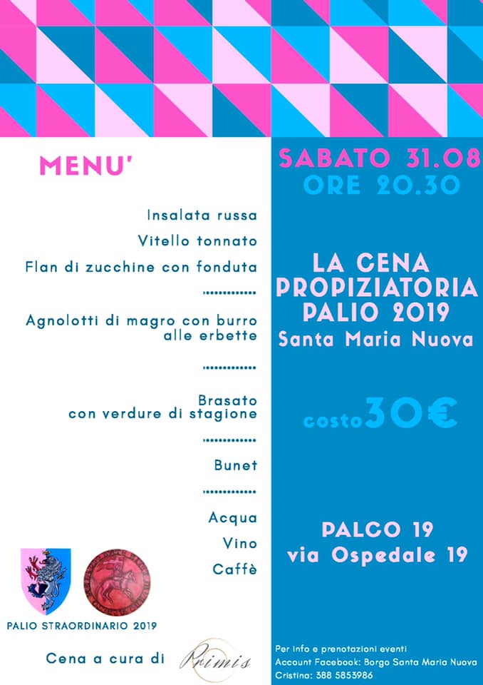 Palio di Asti, Comitato Palio Borgo Santa Maria Nuova: 31/08 Cena Propiziatoria Palio&nbsp;2019