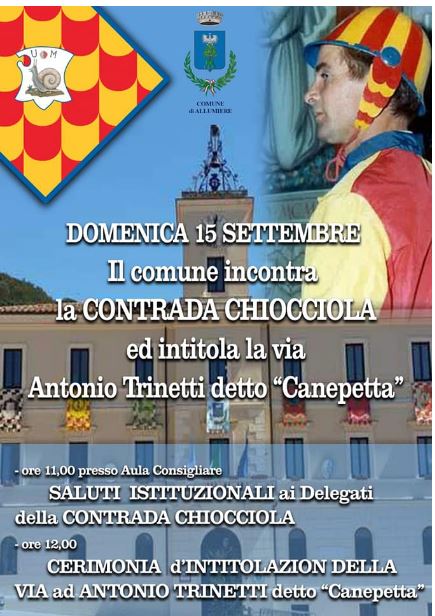 Palio di Siena:  Oggi 15/09 Il Comune di Allumiere intitola una Strada al Fantino Antonio Trinetti detto “Canapetta”