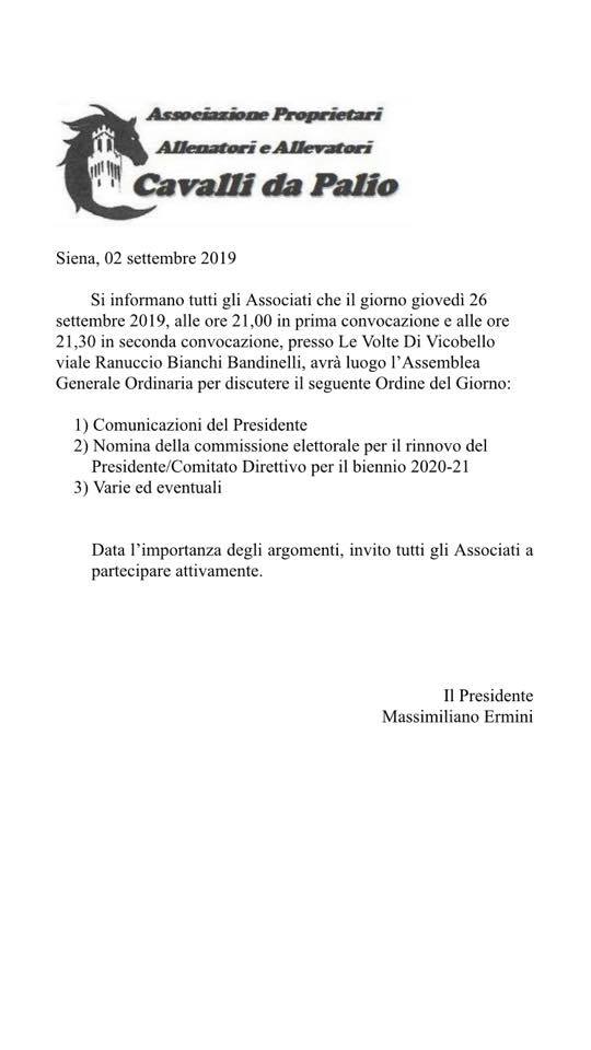 Palio di Siena, Associazione Cavalli Palio: 26/09 Assemblea Generale Ordinaria dell’Associazione