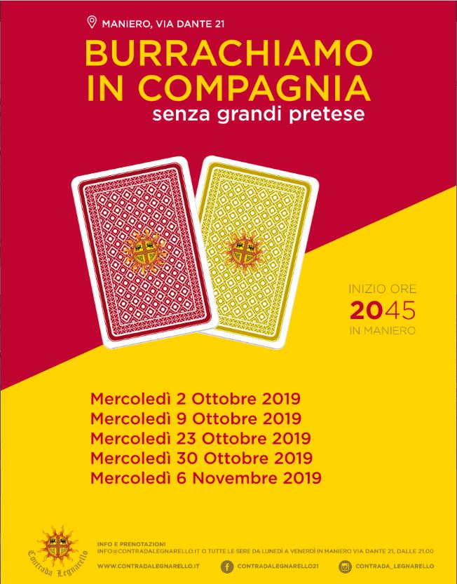 Palio di Legnano, Contrada Legnarello: 02-09-23-30/10 e 06/11 Burrachiamo in Compagnia senza tante&nbsp;pretese