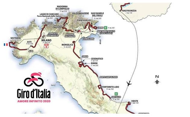 Italia: Giro d’Italia 2020, svelato il percorso. Ecco tutte le tappe Partenza da Budapest, in Ungheria, il 9 maggio.&nbsp;Arriv