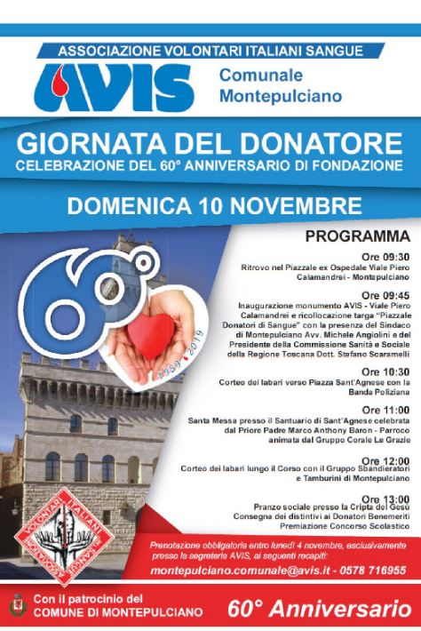 Provincia di Siena: Domani 10/11 L’Avis Montepulciano celebra il 60° anniversario di&nbsp;fondazione