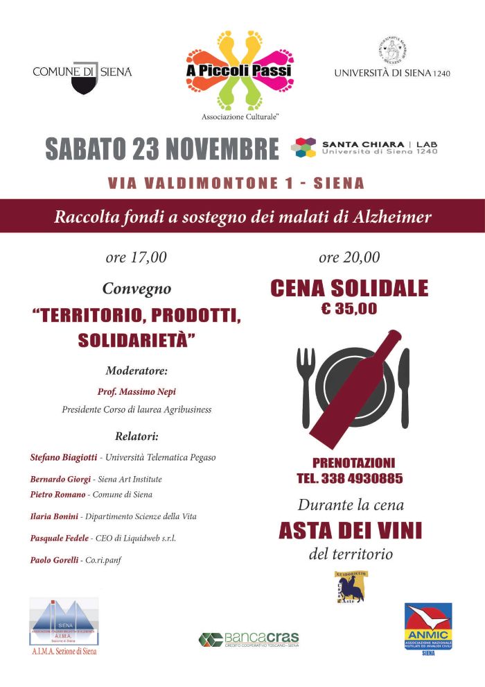 Siena:  Oggi 23/11 Al Santa Chiara Lab un convegno, una cena solidale e vini all’asta per i malati di&nbsp;Alzheimer
