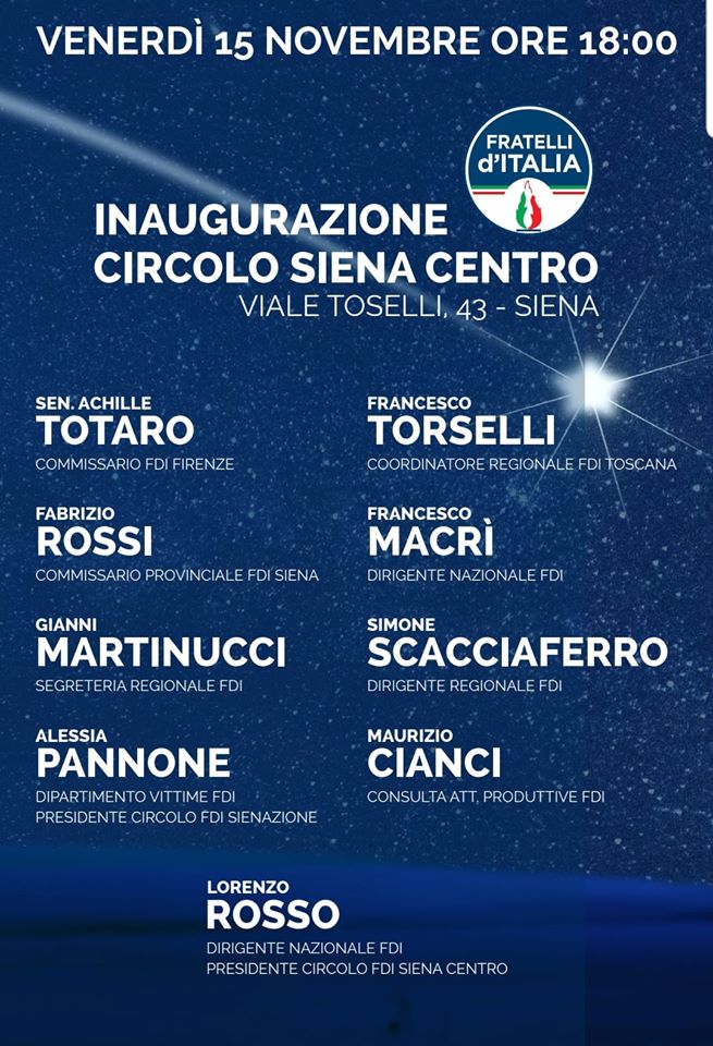 Siena: Domani 15/11 ore 18.00 Inaugurazione Circolo Siena Centro Fratelli&nbsp;d’Italia
